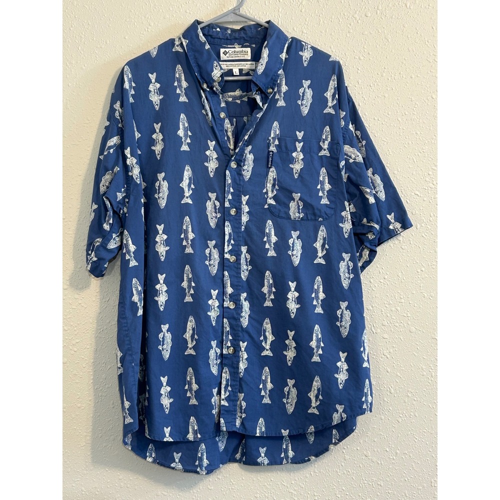 Columbia Mens Gorpcore Blue Fish Print Short Sleeve Cotton Button Down Shirt L